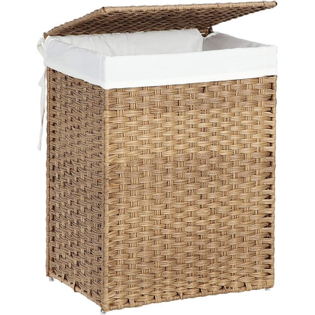 SONGMICS 23.8 Gal (90L) Laundry Hamper Laundry Basket with Lid and Handles Wicker hamper Foldable Removable Liner Bag Natural