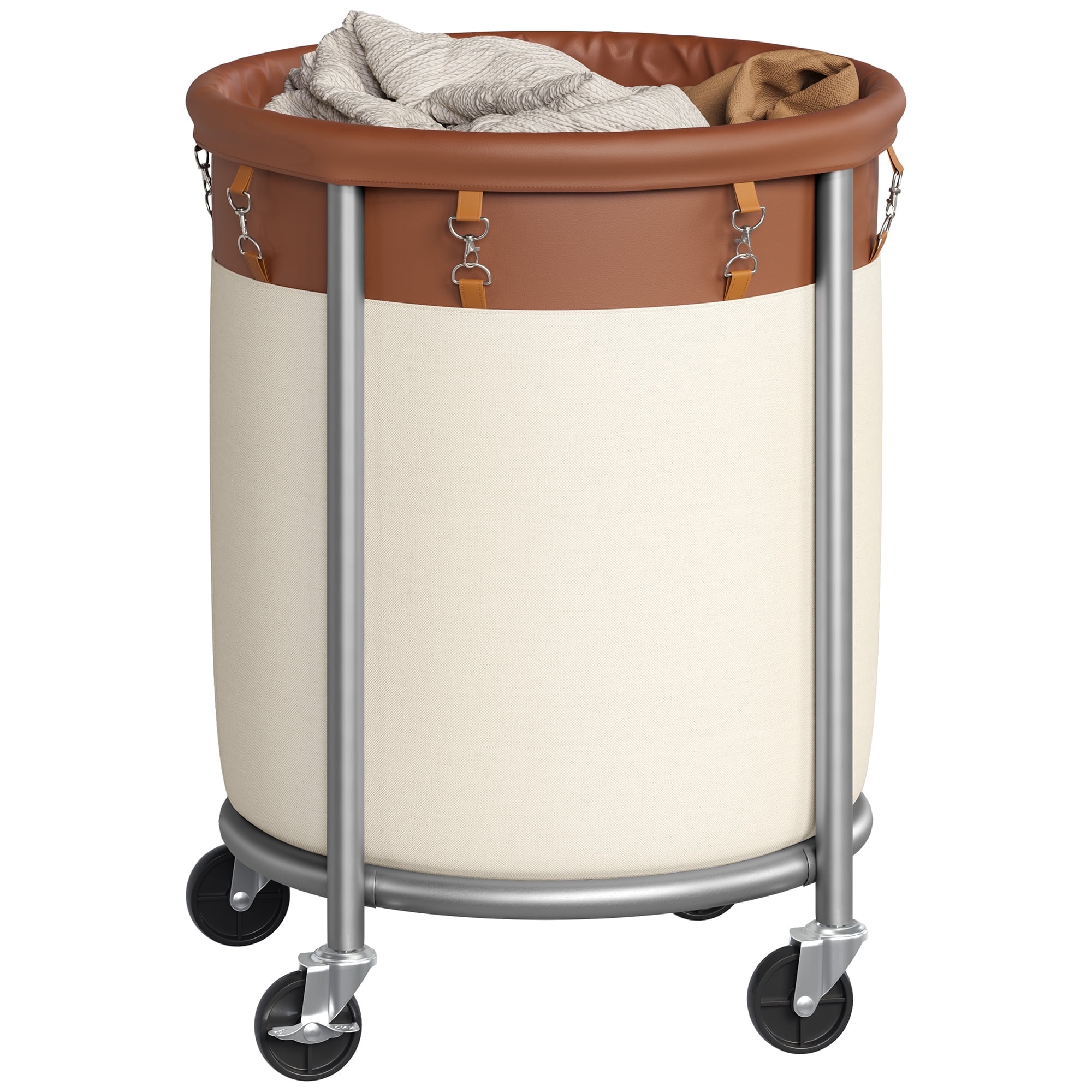 SONGMICS 29-Gallon (110 L) Laundry Basket with Wheels, Rolling Round Heavy-Duty Laundry Hamper Cart with Removable Bag, Coffee Brown and Cream White