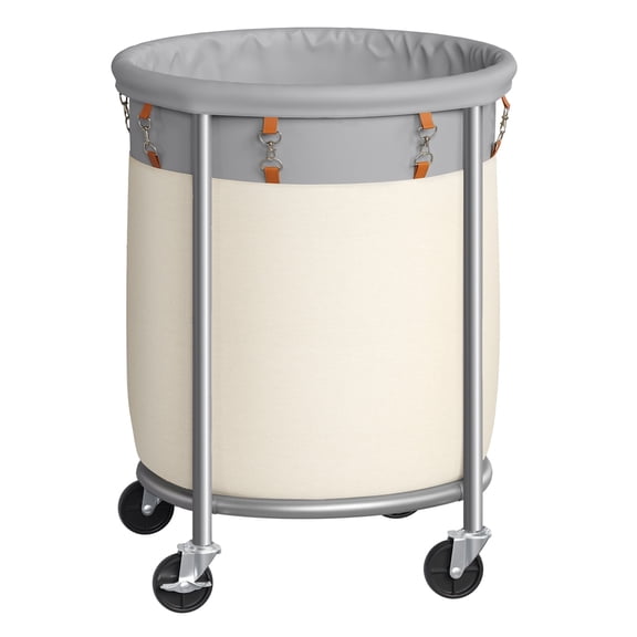 SONGMICS 29-Gallon (110 L) Laundry Basket with Wheels, Rolling,with Steel Frame and Removable Bag, 2 Locking Wheels, Dove Gray and Cream White