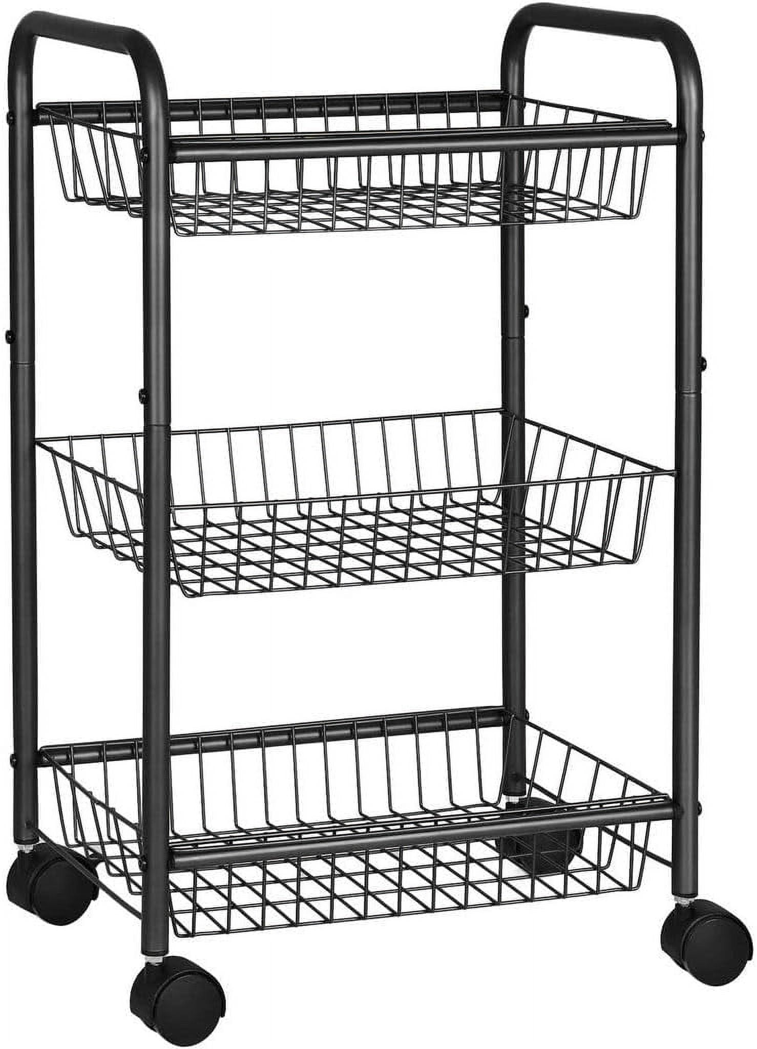 Black 3-Tier Metal Rolling Storage Cart with Removable Baskets