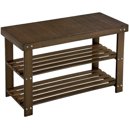 SONGMICS 3-Tier Shoe Rack Bench Bamboo Organizer Storage Shelf Holds 286 lb Walnut Color