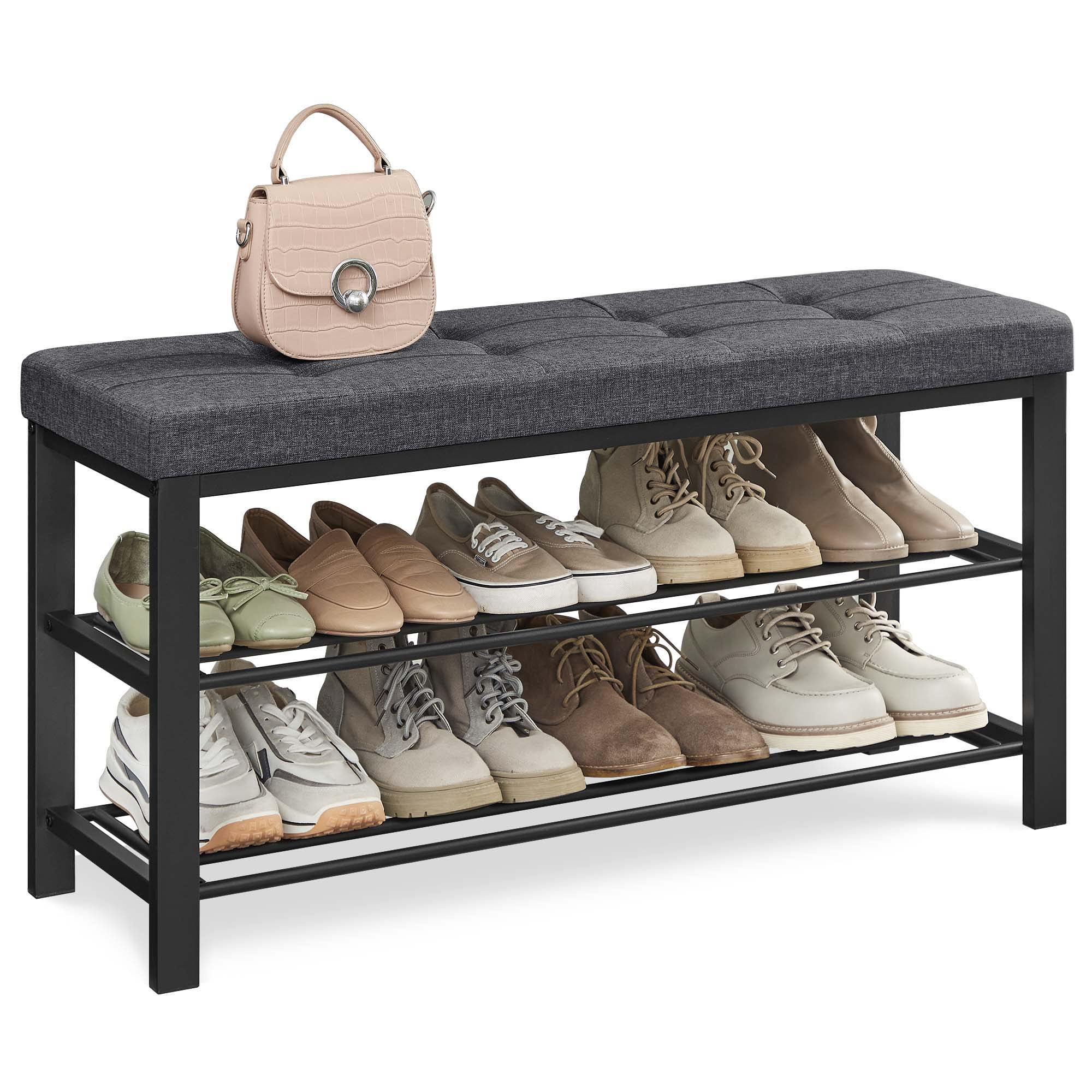 SONGMICS 3 Tier Shoe Rack Shoe Bench for Entryway Storage Organizer with Foam Padded Seat Linen Metal Frame for Living Room Hallway 12.2 x 39.4 x 19.3