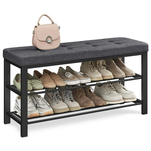 SONGMICS 3 Tier Shoe Rack Shoe Bench for Entryway Storage Organizer with Foam Padded Seat Linen Metal Frame for Living Room Hallway 12.2 x 39.4 x 19.3