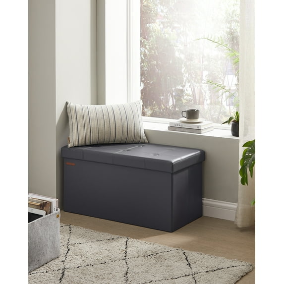 SONGMICS 30" Storage Ottoman Bench Leather Footstool Hold up to 660lb for Bedroom Dark Gray