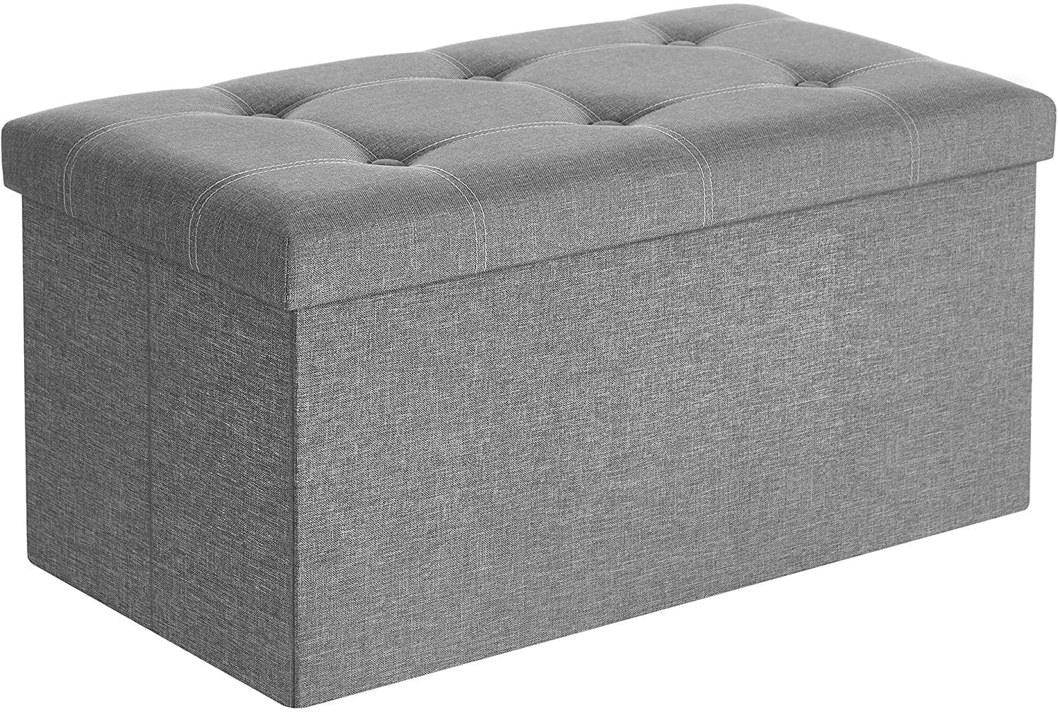 Light Gray Foldable Linen Storage Ottoman Bench with Button-Tufted Lid