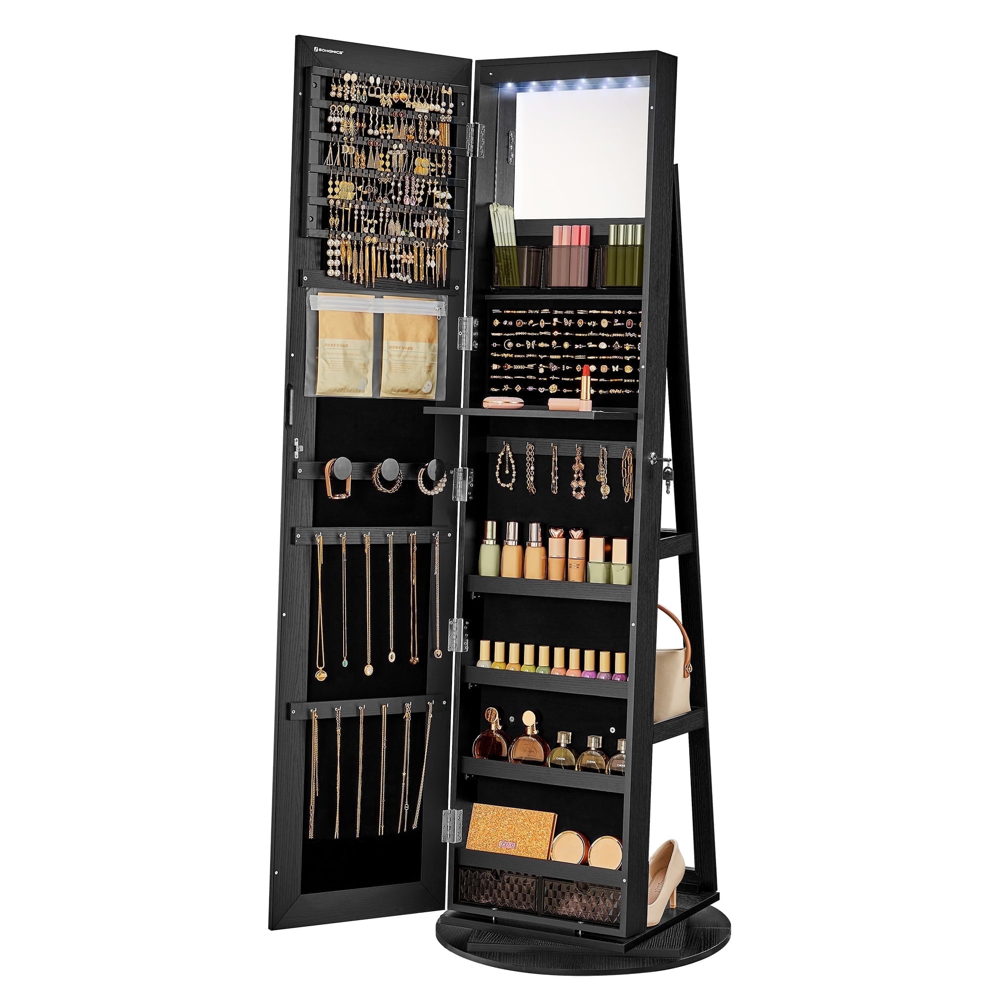 SONGMICS 360° Swivel Mirror Jewelry Cabinet, Full Length, 6 LEDs