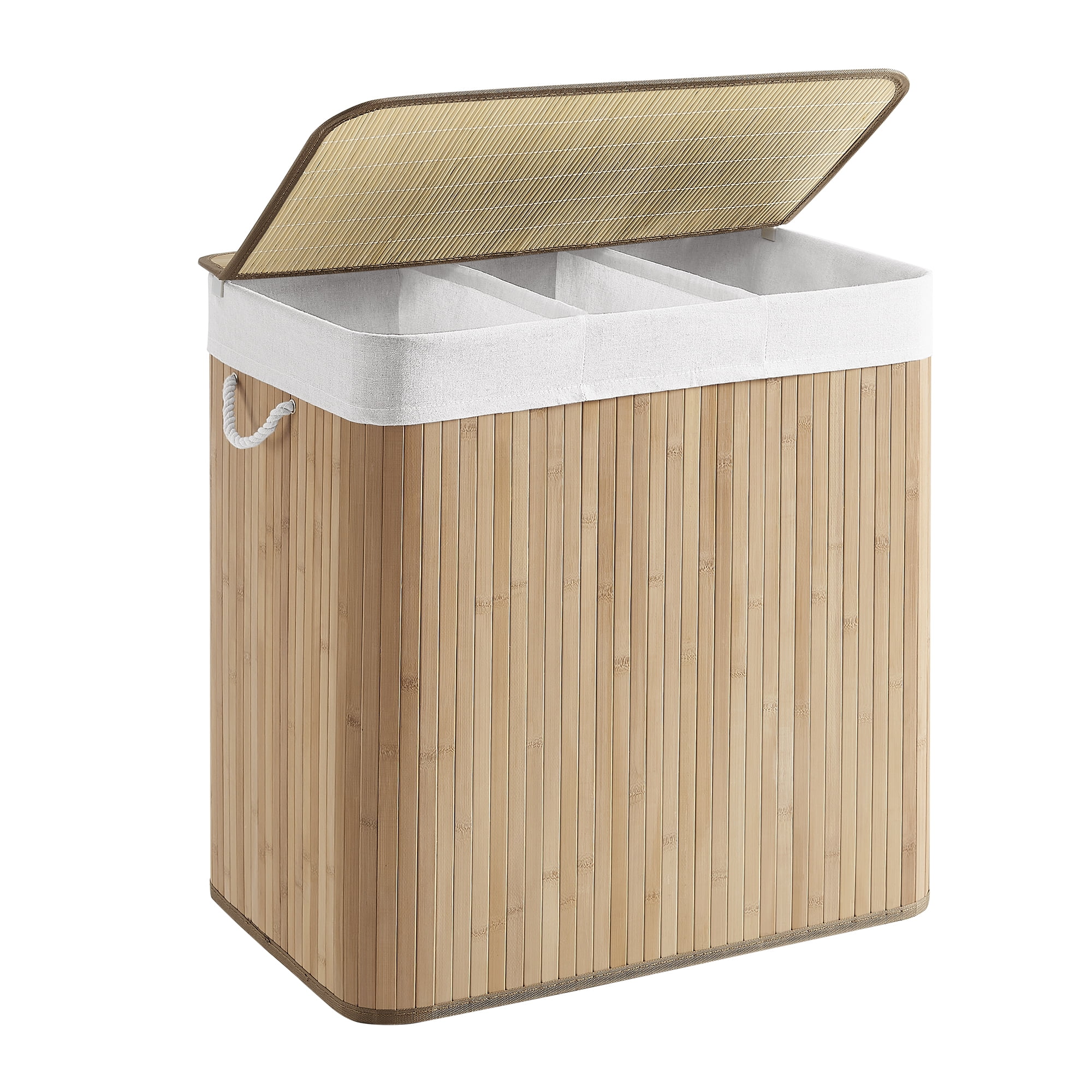 SONGMICS 39.6 Gallons Laundry Hamper, 3-Section Laundry Basket, Laundry Hamper with Lid, Bamboo, Foldable, Removable and Machine Washable Liner Natural