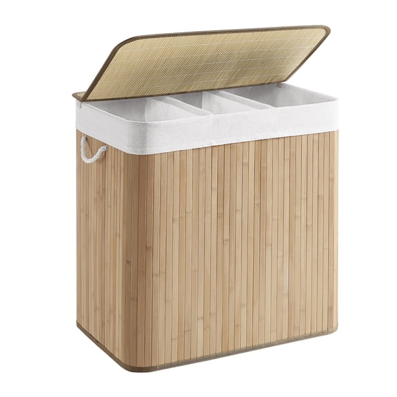 SONGMICS 39.6 Gallons Laundry Hamper, 3-Section Laundry Basket, Laundry Hamper with Lid, Bamboo, Foldable, Removable and Machine Washable Liner Natural