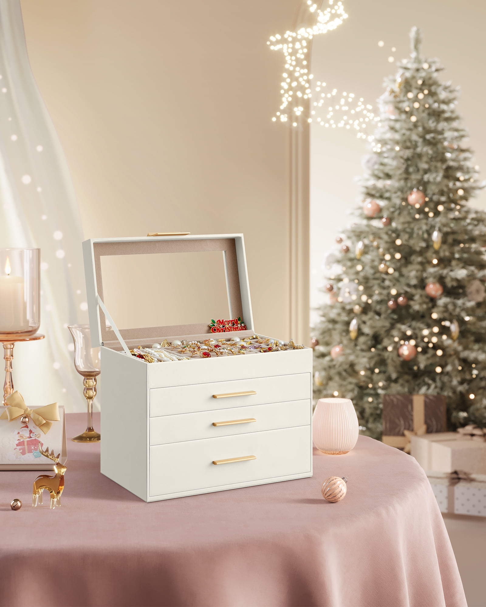 Large White Faux Leather 4-Tier Jewelry Organizer Box