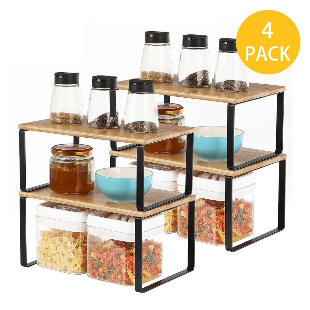 Set of 4 Black and Natural Engineered Wood Kitchen Counter Shelves