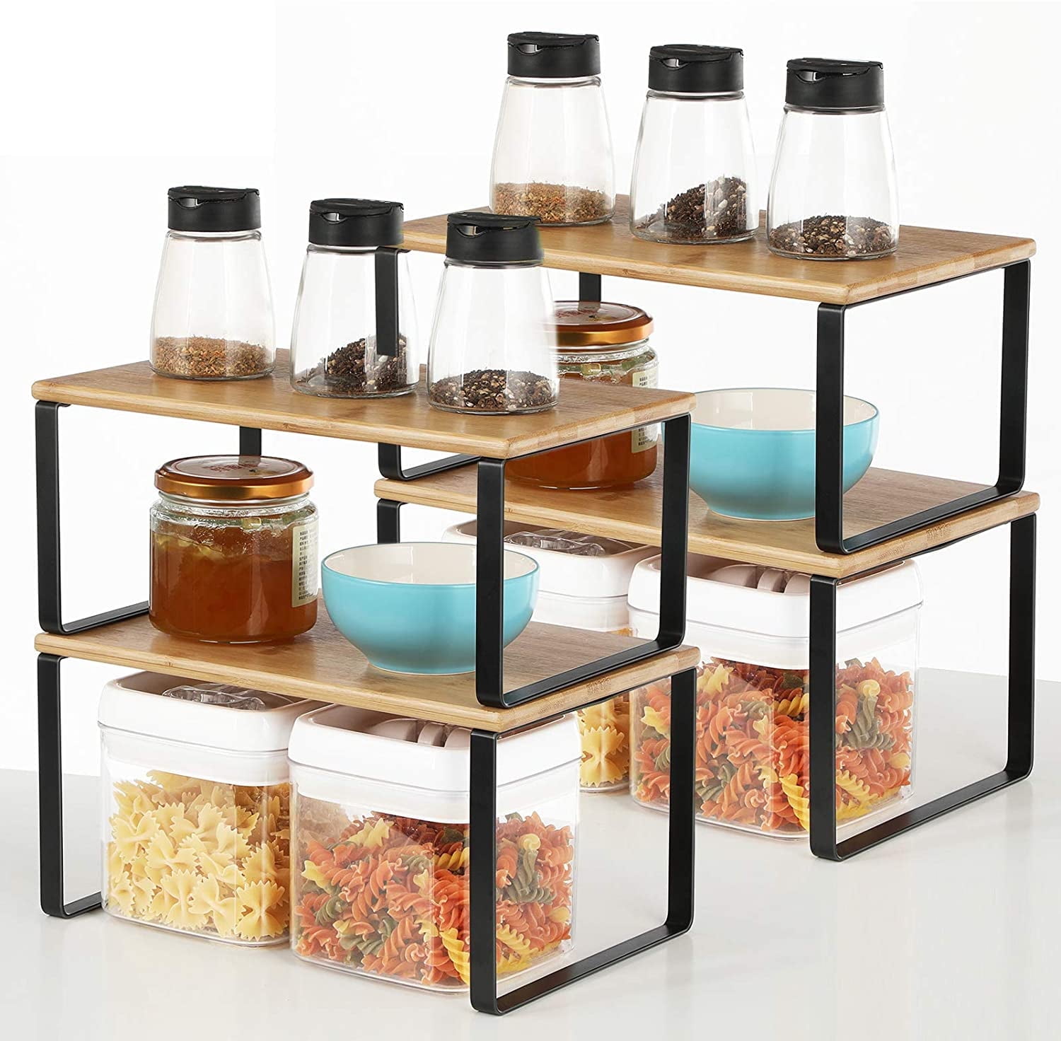 Set of 4 Black and Natural Engineered Wood Kitchen Counter Shelves