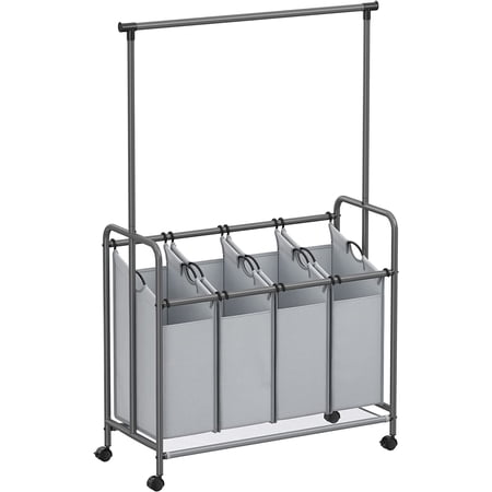 SONGMICS 4-Section Laundry Sorter with wheels Rolling Laundry Hamper with Hanging Bar Laundry Organizer Gray