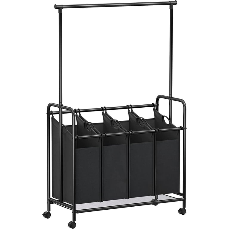 SONGMICS 4-Section Laundry Sorter with wheels Rolling Laundry Hamper with  Hanging Bar Laundry Organizer for Bathroom Black 
