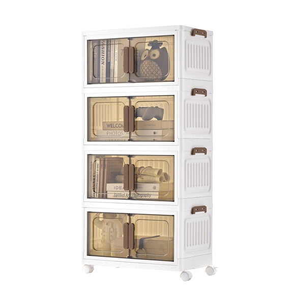 SONGMICS 4-Tier Foldable Stackable with Doors, PP Plastic Closet Organizer, Freestanding Cabinet, 100L for Clothes, White, Dennys Collection