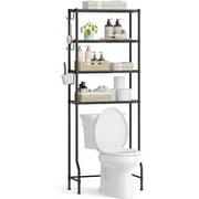 SONGMICS 4 Tier Over The Toilet Storage - Metal Storage Rack with Adjustable Shelves, Hooks, and Roll Holder - Space-Saving Bathroom Shelf Organizer, Black