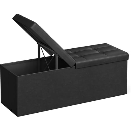SONGMICS 43" Folding Storage Ottoman Bench Ottoman with Storage Leather Footrest Padded Footstool Black