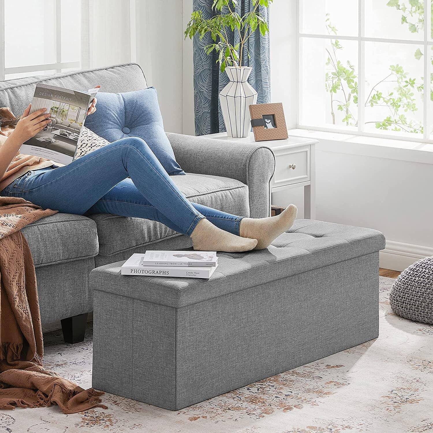 SONGMICS 43 Inches Folding Storage Ottoman Bench Storage Chest Foot Rest Stool Bedroom Bench with Storage Light Gray Walmart