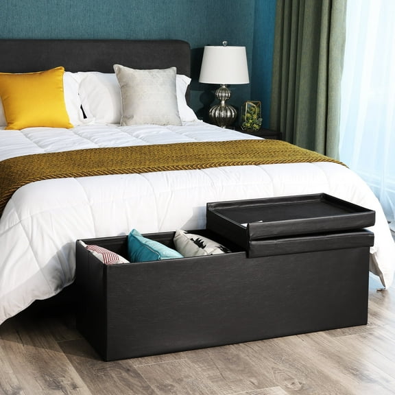 SONGMICS 43" Storage Ottoman Bench Folding Ottoman with Storage Chest Hold up to 660lb for Bedroom Living Room Black