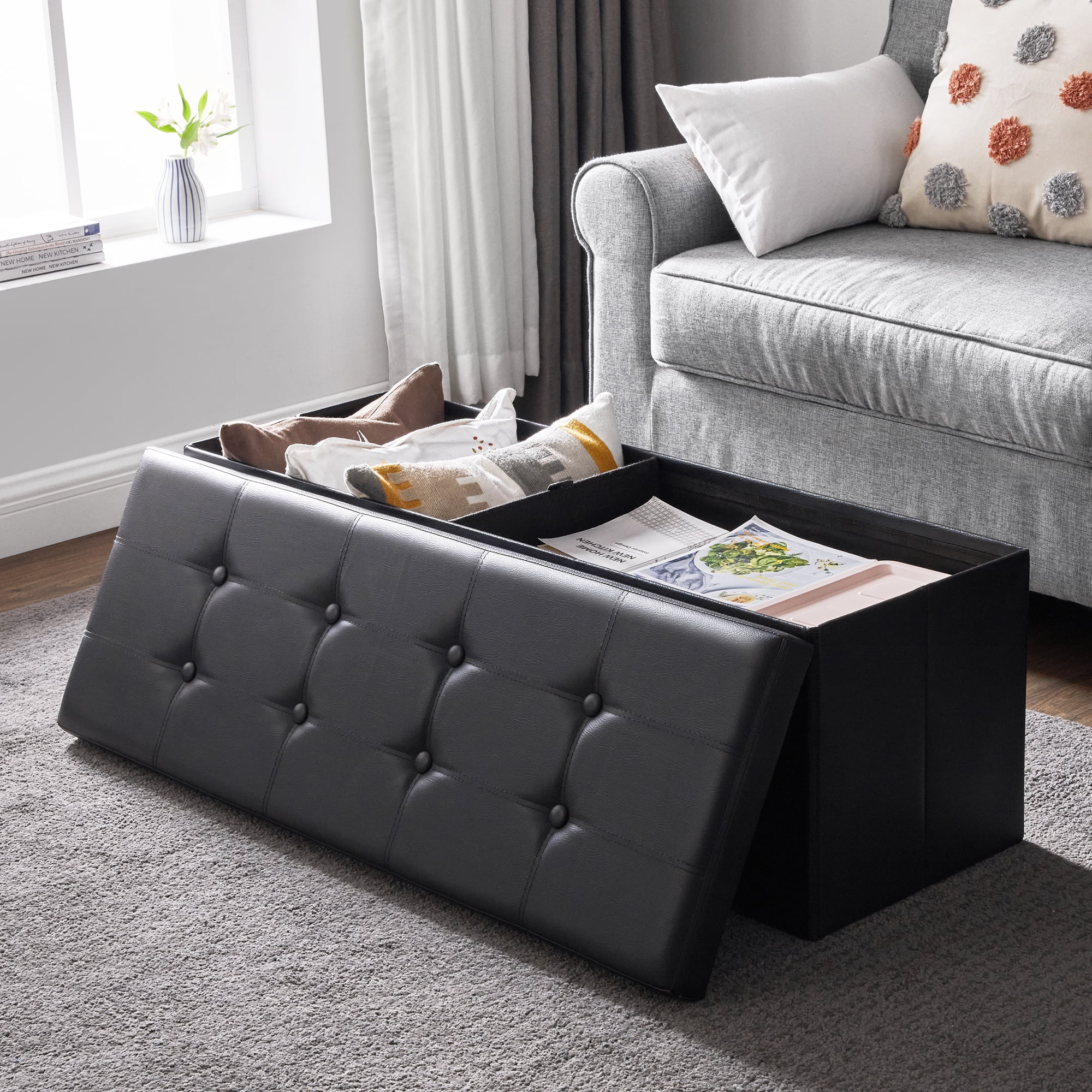 Black leather footstool with storage deals