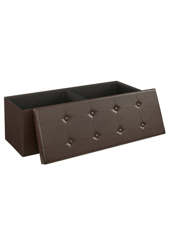 SONGMICS 43" Storage Ottoman Bench Leather Ottoman with Storage Hold up to 660lb Folding Footstools for Bedroom Brown