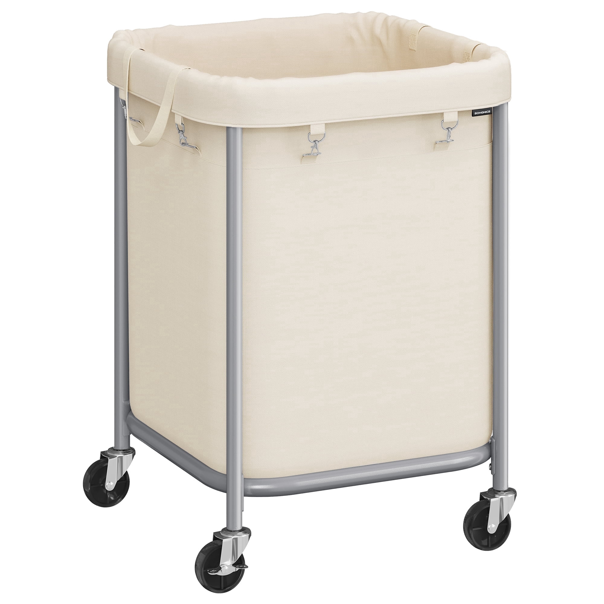 SONGMICS 45-Gallon (170 L) Laundry Basket with Wheels,with Steel Frame and Removable Bag, 2 Locking Wheels, Cream White and Metallic Silver