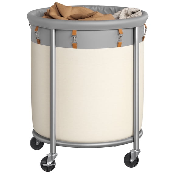 SONGMICS 50.2-Gallon (190 L) Laundry Basket with Wheels, Steel Frame and Removable Bag, 2 Locking Wheels, Dove Gray and Cream White