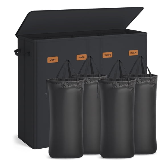 SONGMICS 55.4 Gallon (210 L) Laundry Hamper, 4-Compartment Laundry Basket Sorter with Lid, Labels, Removable Liner Bags, for Bedroom, Ink Black