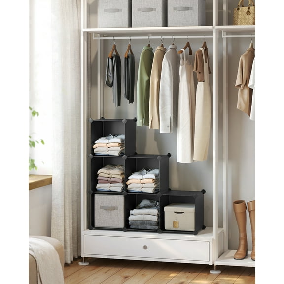 SONGMICS 6 Cube Storage Organizer Modular Storage Cube Bookshelf DIY Plastic Closet Storage Shelves for Home Office Bedroom Black