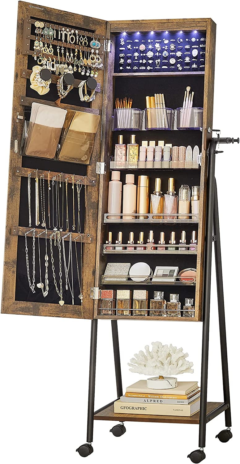 SONGMICS 6 LEDs Lockable Mirror Jewelry Organizer Standing Jewelry Armoire with 4 Wheels
