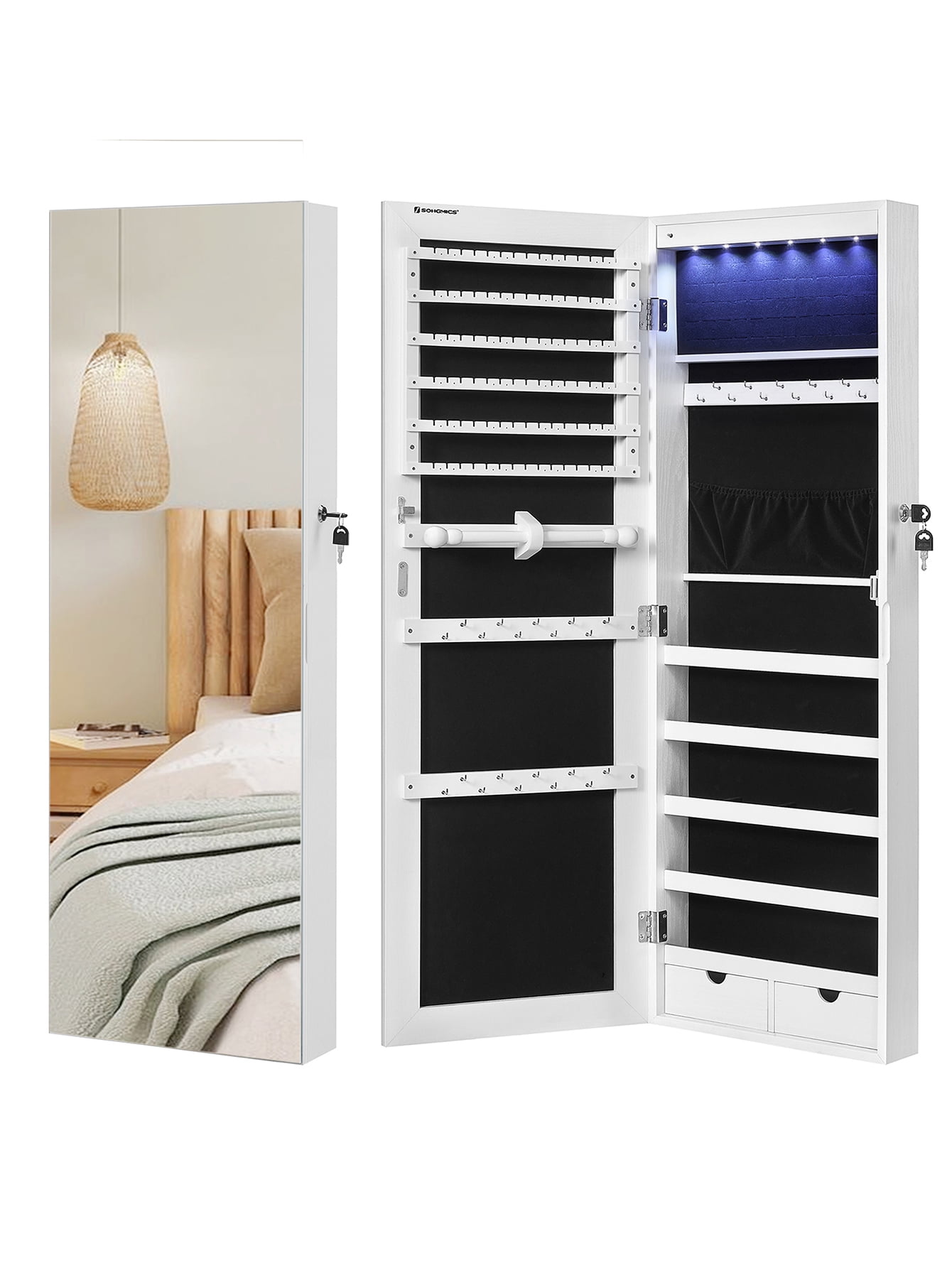 SONGMICS 6 LEDs Mirror Jewelry Cabinet 42.5-Inch Tall Wall or Door 