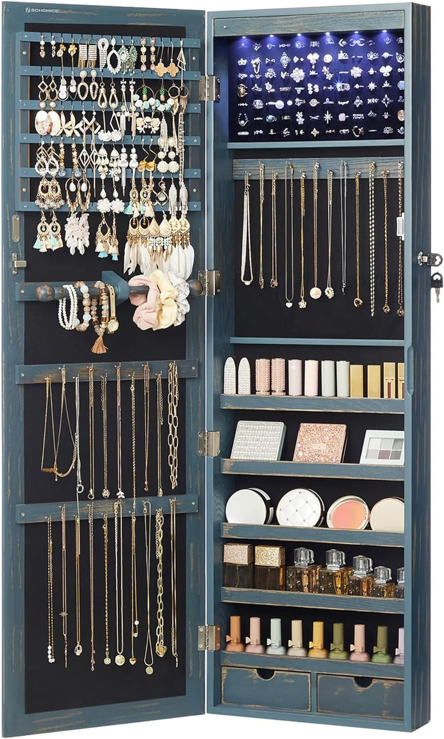 SONGMICS 6 LEDs Mirror Jewelry 47.2Inch Tall Lockable Wall or Door Mounted Jewelry