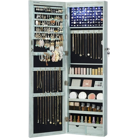 SONGMICS 6 LEDs Mirror Jewelry Cabinet 47.2-Inch Tall Lockable Wall or Door Mounted Jewelry Armoire Organizer with Mirror 2 Drawers Rustic Green