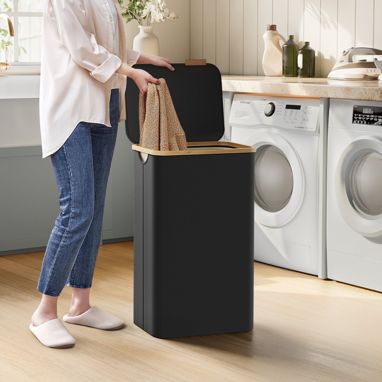 Ink Black Collapsible Bamboo Upright Hamper with Lid