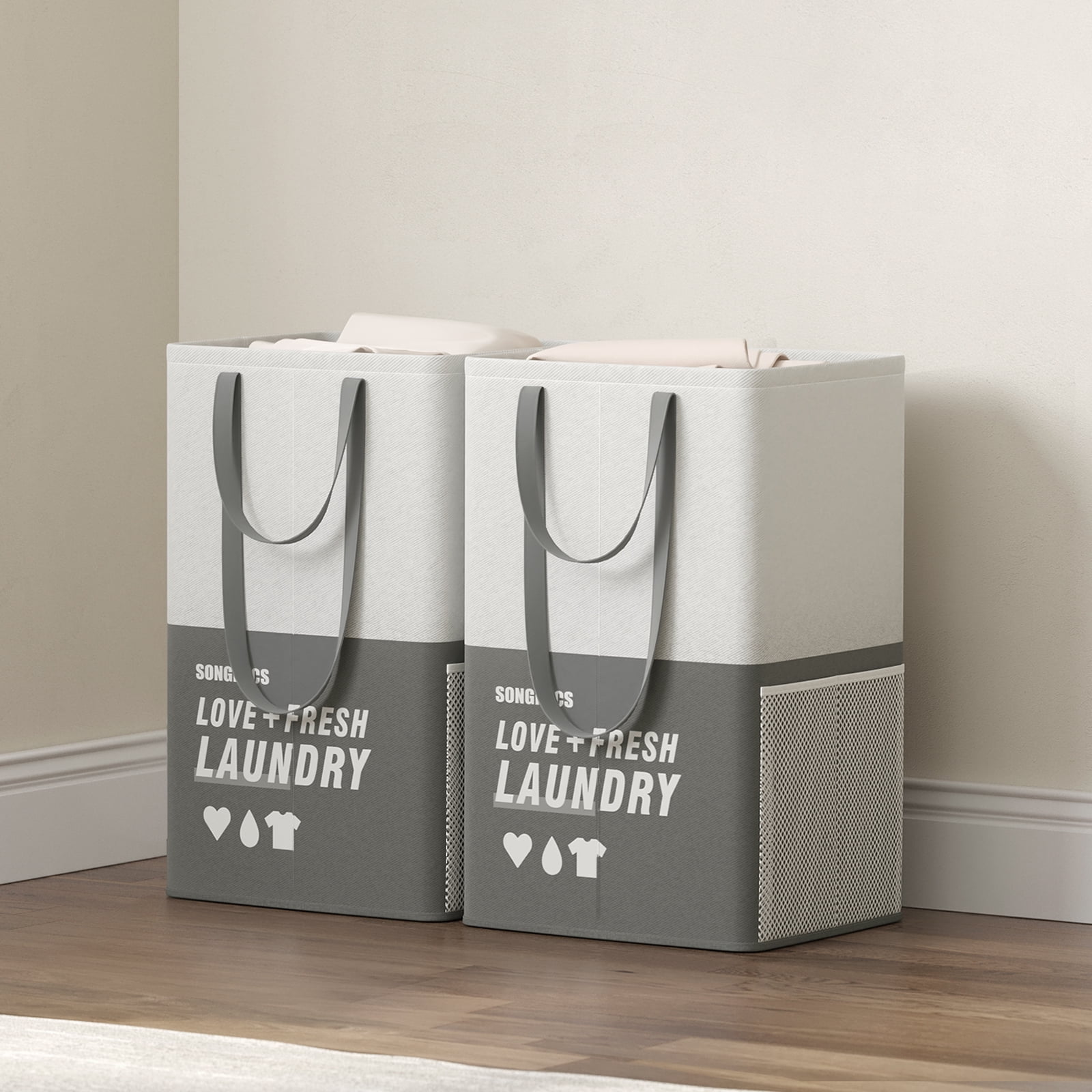 SONGMICS 90L Laundry Hamper Set of 2 Collapsible Laundry Basket with 2