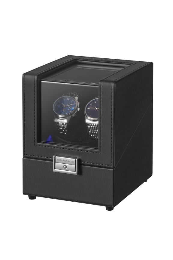 Automatic Double Watch Winder Box with Quiet Motor, for Automatic Watches, with LED Light, Adjustable Pillow, Lock, 4 Winding Settings, Black