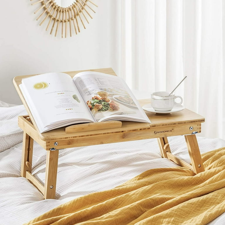 SONGMICS Bamboo Laptop Desk for Bed Sofa with Adjustable Tilting Top Floor Desk