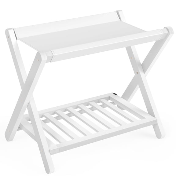 SONGMICS Bamboo Luggage Rack, Foldable Suitcase Stand, Luggage Holder with Storage Shelf, Fully Assembled, PU Synthetic Leather, Cloud White