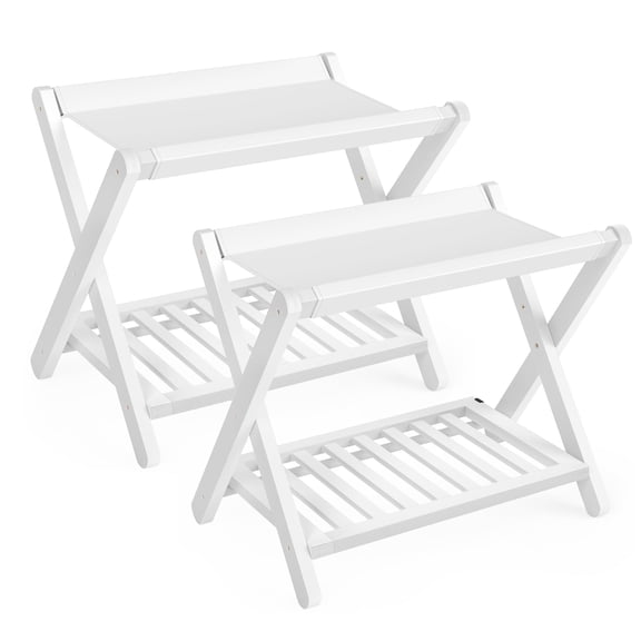 SONGMICS Bamboo Luggage Rack, Foldable Suitcase Stand, Luggage Holder with Storage Shelf, Fully Assembled, PVC Plastic, White