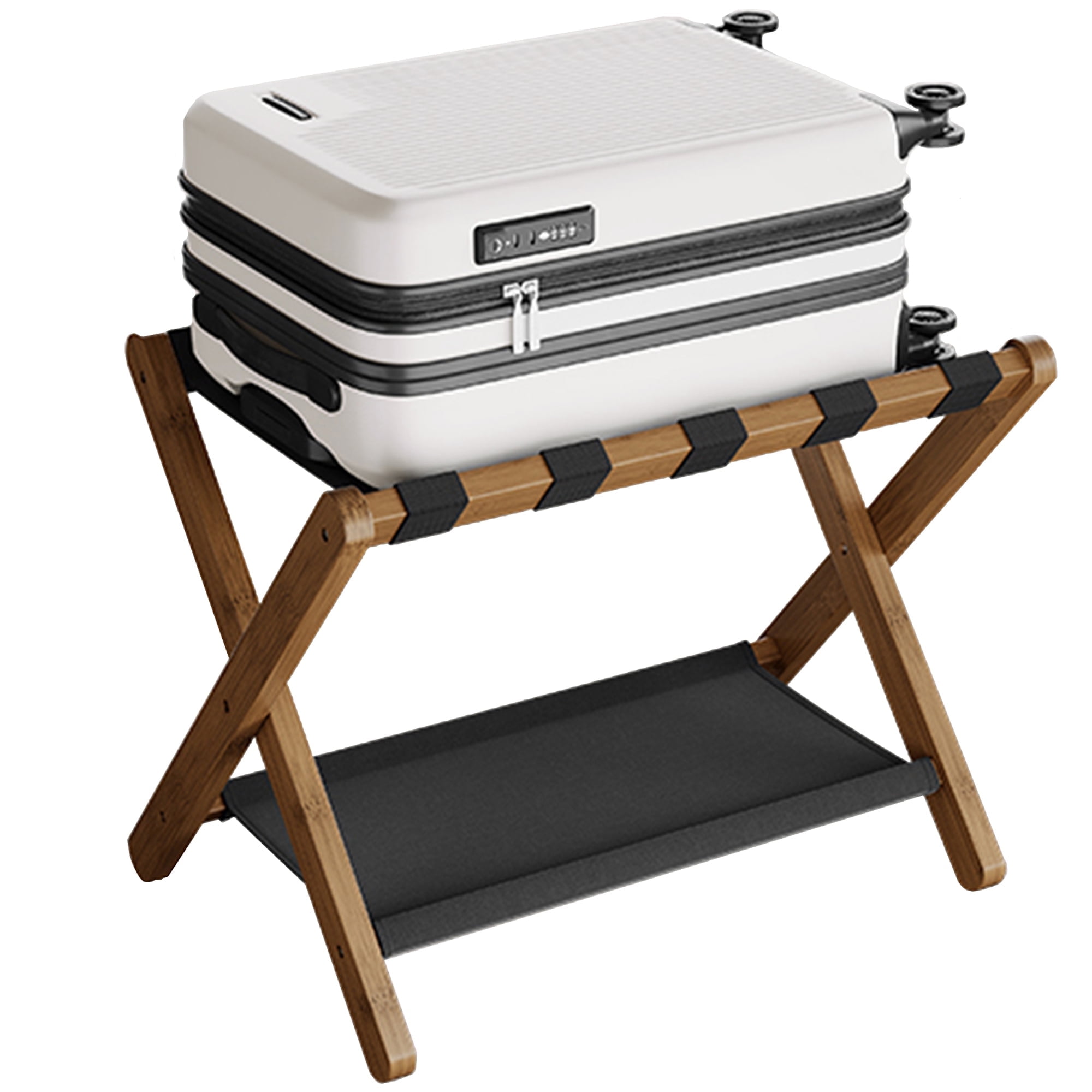 Walnut Brown Bamboo Foldable Luggage Rack with Storage Shelf