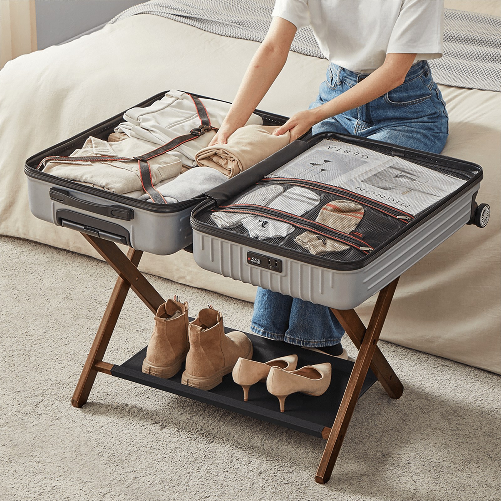 SONGMICS Bamboo Luggage Rack Set of 2 Foldable Suitcase Stand with