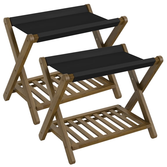SONGMICS Bamboo Luggage Racks, Foldable Suitcase Stand, Luggage Holder with Storage Shelf, Easy to Assemble, Set of 2, Walnut Brown