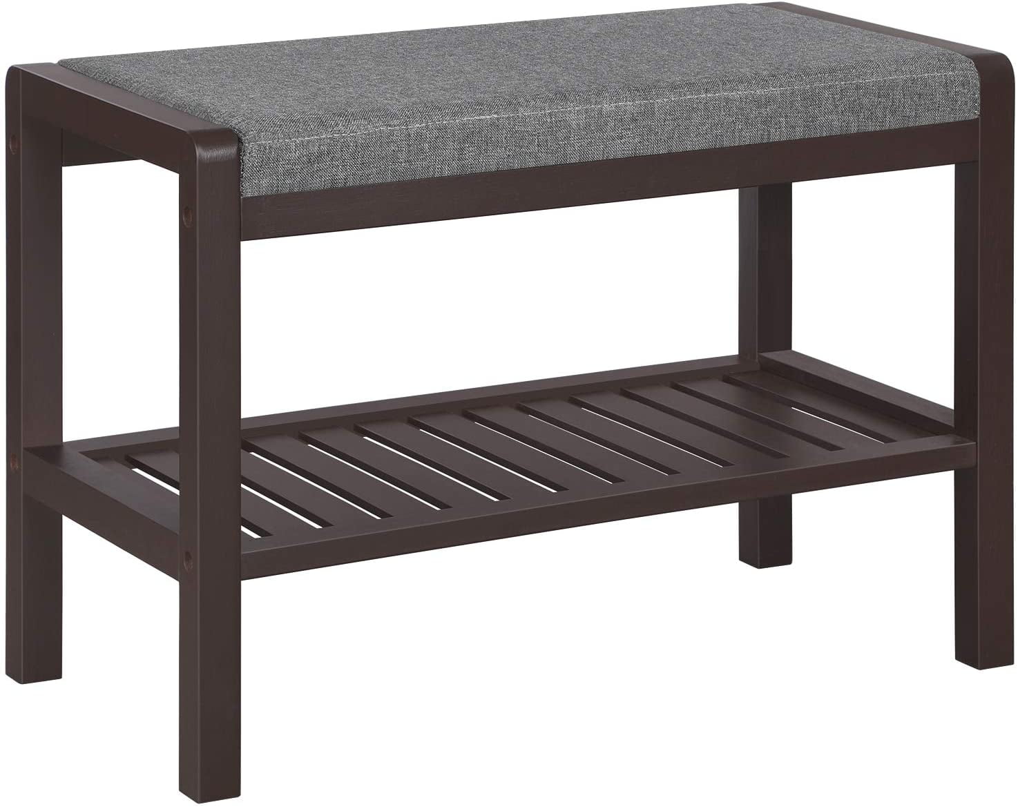 Brown Bamboo Shoe Bench with Gray Upholstered Seat and Storage Shelf