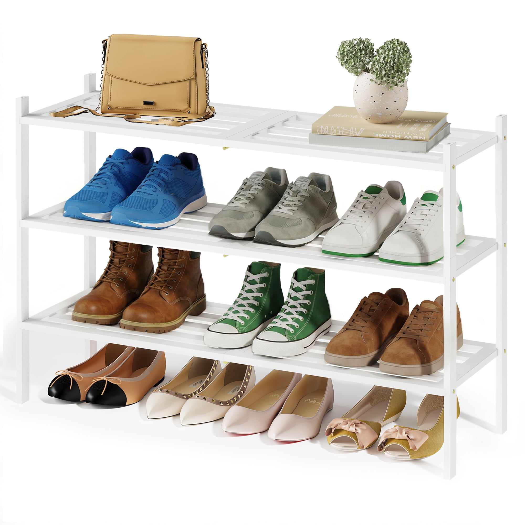 SONGMICS Bamboo Shoe Rack for Closet, Stackable Shoe Oragnizer, Space-Saving Freestanding Shelf, 3-Tier, Holds 12-16 Pairs, Cloud White