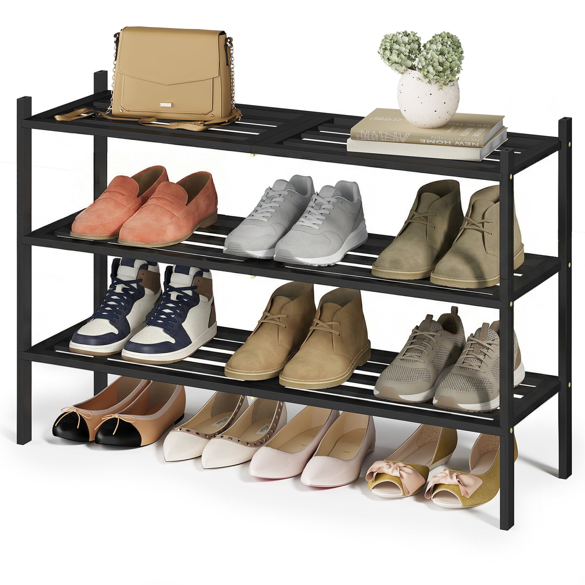 SONGMICS Bamboo Shoe Rack for Closet, Stackable Shoe Oragnizer, Space-Saving Freestanding Shelf, 3-Tier, Holds 12-16 Pairs, Ink Black