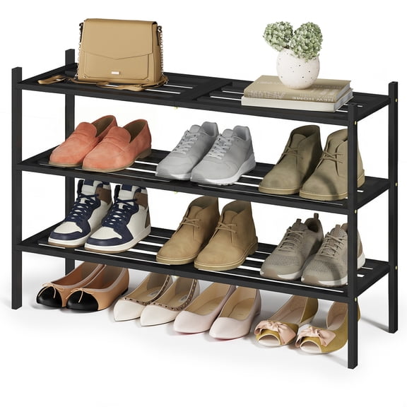 SONGMICS Bamboo Shoe Rack for Closet, Stackable Shoe Oragnizer, Space-Saving Freestanding Shelf, 3-Tier, Holds 12-16 Pairs, Ink Black