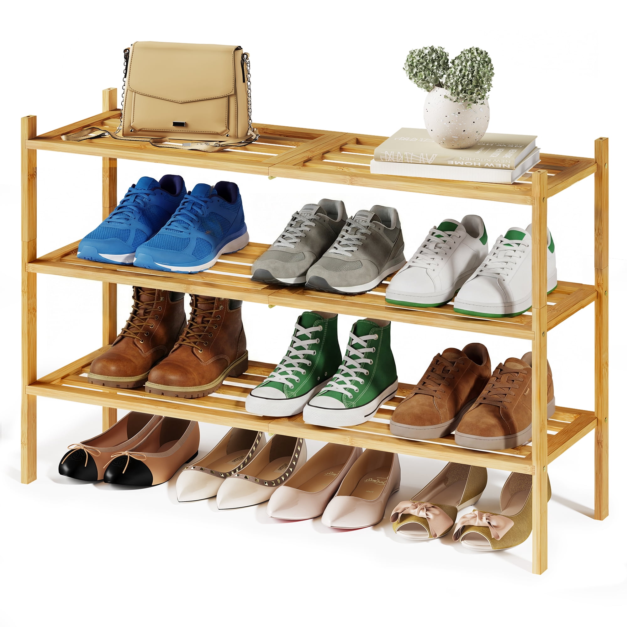 SONGMICS Bamboo Shoe Rack for Closet, Stackable Shoe Oragnizer, Space-Saving Freestanding Shelf, 3-Tier, Holds 12-16 Pairs, Natural Color