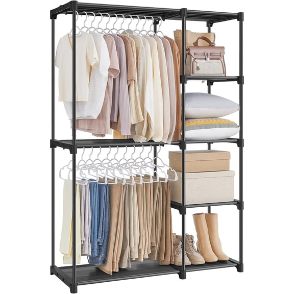 SONGMICS Closet Organizer Portable Wardrobe with Hanging Rods Clothes Rack Storage Organizer for Bedroom Black