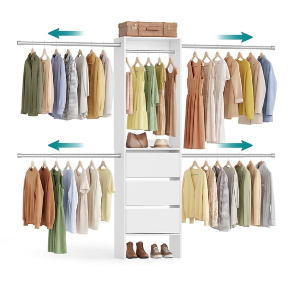 SONGMICS Closet System, Customizable Walk-In Closet Organizer System with Adjustable Hanging Rods and Drawers, White, Fits Spaces 4-9.6 ft Wide, White