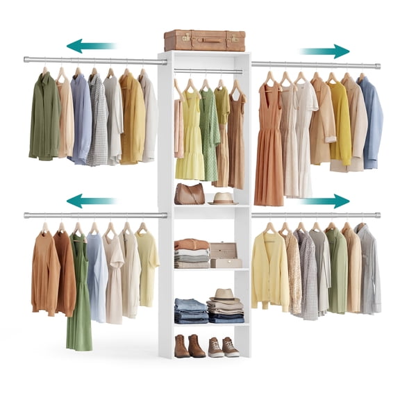 SONGMICS Closet System, Customizable Walk-In Closet Organizer System with Adjustable Hanging Rods and Storage Shelves, White, Fits Spaces 4-9.6 ft