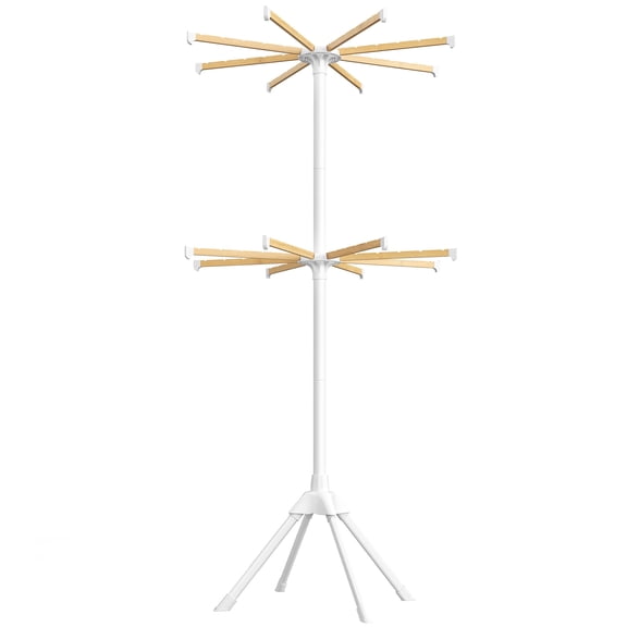 SONGMICS Clothes Drying Rack 2-Tier, with Bamboo Hanging Rods, Foldable Metal Laundry Rack, Space-Saving, Free-Standing Airer, Indoor Use, White and Natural